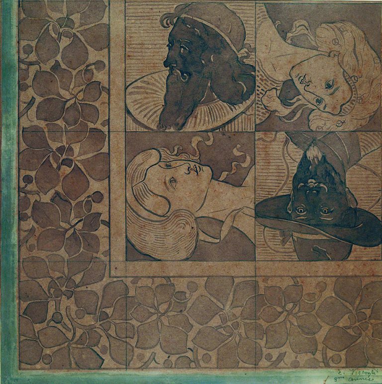 FIGURAS E FLORES - ESTUDO PARA DECORAÇÃO DE PISO - AQUARELA/PAPEL - 45 x 46 cm - 1897 - COLEÇÃO PARTICULAR