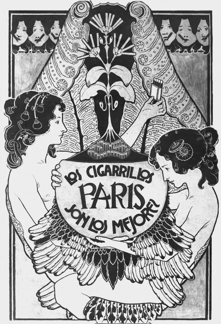 LOS CIGARRILLOS PARIS - CARTAZ DE PROPAGANDA DE CIGARROS - NANQUIM E AQUARELA SOBRE PAPEL - 130 x 90 cm - 1901 - LOCALIZAÇÃO DESCONHECIDA