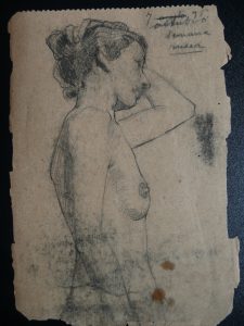 NU FEMININO - CRAYON S/ PAPEL - 12 x 8 cm - 1896 - DESMEMBRADO DE UM CADERNO DE ANOTAÇÕES - COLEÇÃO PARTICULAR