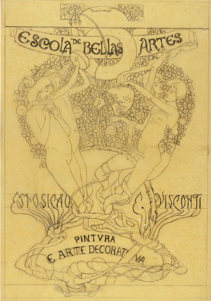 AS ARTES - ESTUDO PARA A CAPA DO CATÁLOGO DA EXPOSIÇÃO DE 1901 - GRAFITE/PAPEL MANTEIGA - 46 x 31 cm - 1901 - COLEÇÃO PARTICULAR