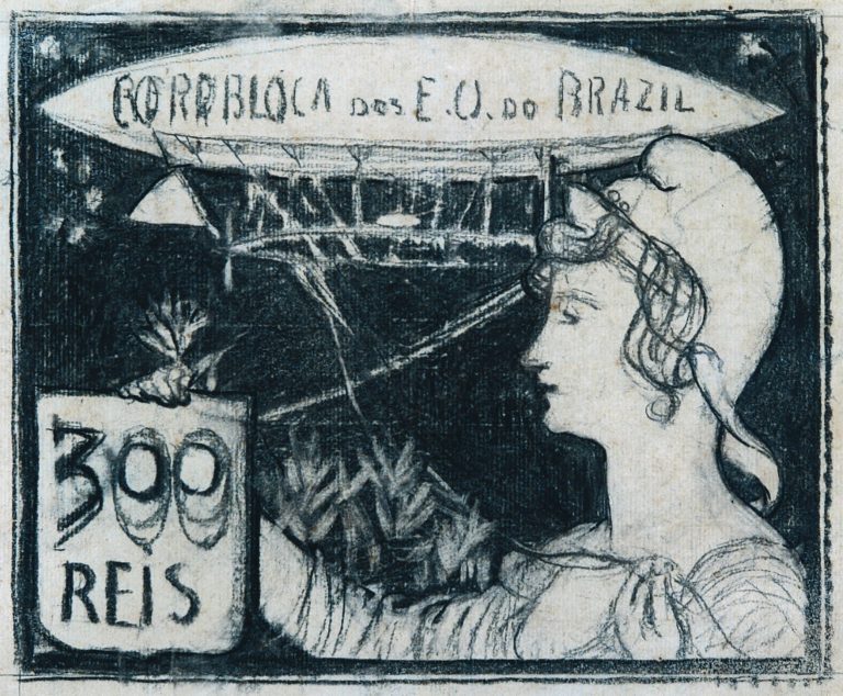 A AERONÁUTICA - ESTUDO PARA SELO INTEGRANTE DA COLEÇÃO VENCEDORA DO CONCURSO DOS CORREIOS DE 1904 - NANQUIM E GRAFITE/PAPEL - 21 x 31 cm - c.1903 - COLEÇÃO PARTICULAR