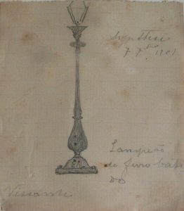 LAMPIÃO DE FERRO BATIDO - LÁPIS S/ PAPEL - 11 x 8 cm - c.1896 - COLEÇÃO PARTICULAR