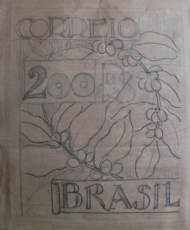 SELO PARA OS CORREIOS - ESBOÇO DE PROJETO NÃO UTILIZADO - GRAFITE S/ PAPEL - 33 x 28 cm - c.1903 - COLEÇÃO PARTICULAR