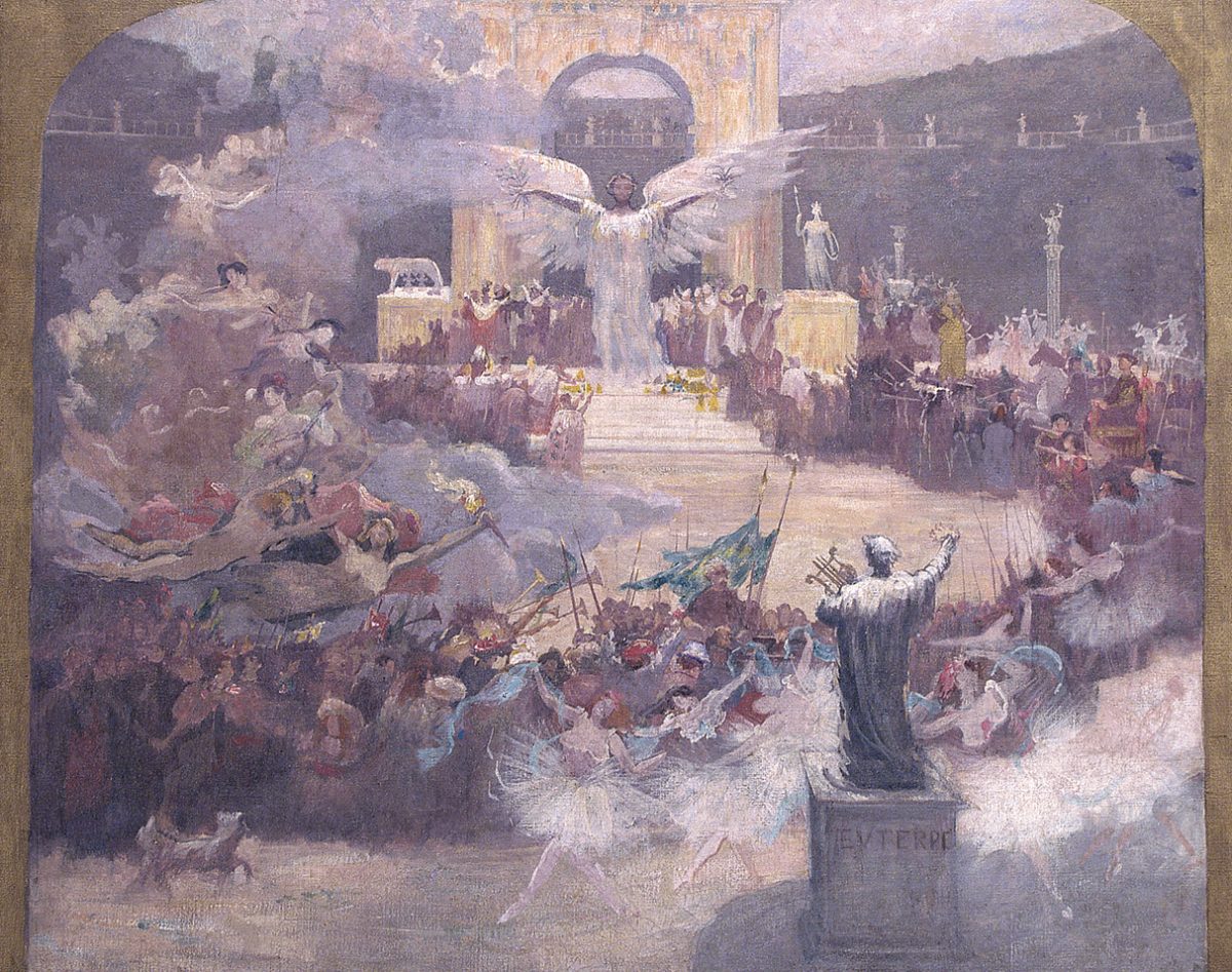 A INFLUÊNCIA DAS ARTES SOBRE A CIVILIZAÇÃO - ESTUDO PARA O PANO DE BOCA DO THEATRO MUNICIPAL DO RIO DE JANEIRO - OST - 64,5 x 81,2 cm - c.1905 - CENTRO DE DOCUMENTAÇÃO DA FUNDAÇÃO TEATRO MUNICIPAL DO RIO DE JANEIRO