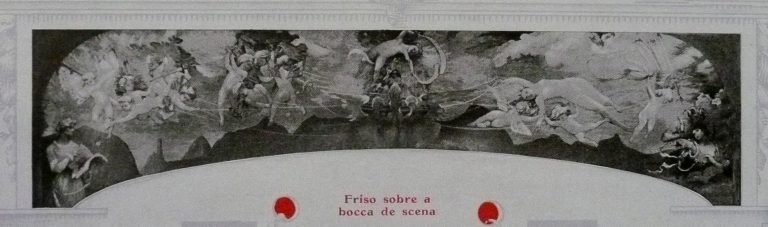 A POESIA E O AMOR AFASTANDO A VIRTUDE DO VÍCIO - PRIMITIVO FRISO SOBRE O PROSCÊNIO DO THEATRO MUNICIPAL DO RIO DE JANEIRO - ÓLEO SOBRE TELA DE LONA – 15,0 m x 2,6 m (ALTURA DA PARTE CENTRAL) - 1908
