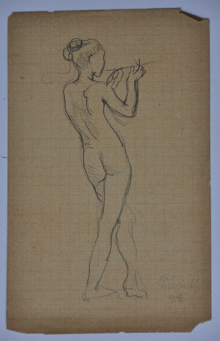 NU FEMININO DE PÉ - CRAYON SOBRE PAPEL - 13,5 x 8,5 cm - 1898 - DESMEMBRADO DE UM CADERNO DE ANOTAÇÕES - COLEÇÃO PARTICULAR