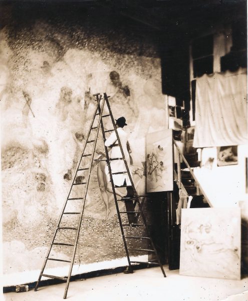 Visconti na escada pintando o painel central do foyer - 1915