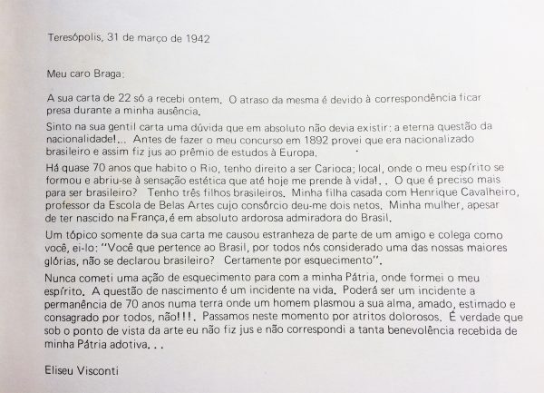 CARTA DE VISCONTI A THEODORO BRAGA - 1942