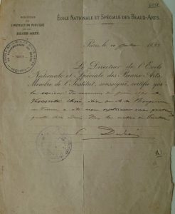 CERTIFICADO DE APROVAÇÃO EM 7º LUGAR NA SEÇÃO DE PINTURA NA ÉCOLE NATIONALE ET SPÉCIALE DES BEAUX ARTS EM 10 DE JULHO DE 1893