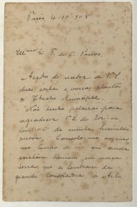 CARTA DE VISCONTI A FRANCISCO OLIVEIRA PASSOS ACEITANDO O CONVITE PARA EXECUÇÃO DAS PINTURAS DO THEATRO MUNICIPAL - 1905