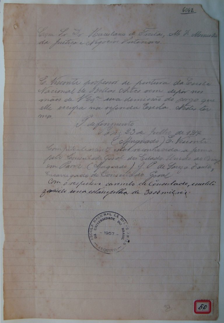 Carta de Eliseu Visconti ao Ministro da Justiça e Negócios Interiores solicitando demissão do cargo que ocupa na Escola Nacional de Belas Artes - 23 de julho de 1914