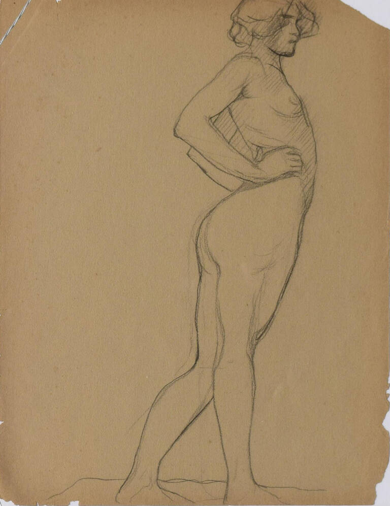 NU FEMININO DE PÉ - GRAFITE SOBRE PAPEL - 31,0 x 24,0 cm - c.1900 - COLEÇÃO PARTICULAR